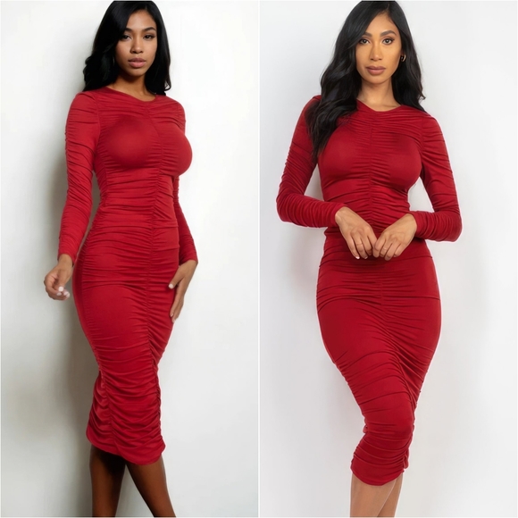 Radiant Ruching Midi Dress - Ruby - Picture 1 of 16